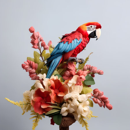 Colorful macaw parrot with flower bouquet on grey backgroundの素材