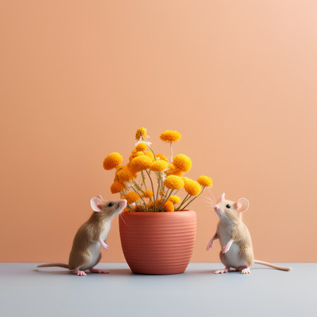 Two mice and flowers in a vase on a light background.の素材