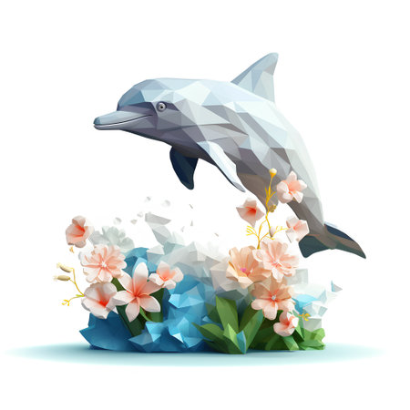 Dolphin with flowers isolated on white background. Vector polygonal illustration.の素材