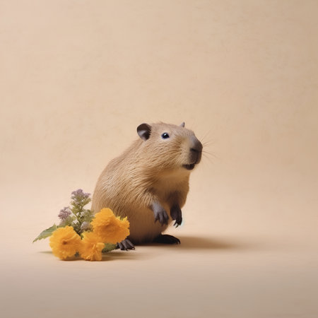 Cute rodent with yellow flowers on beige background, studio photoの素材