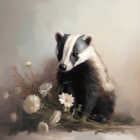Digital painting of a badger with flowers. Digital painting of wild animal.の素材