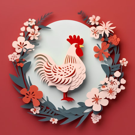 Paper art of rooster with floral frame on red background. 3D renderingの素材