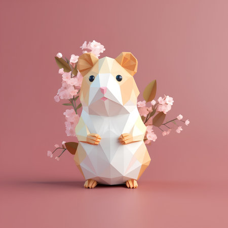 Cute hamster with cherry blossom. 3D rendering.の素材