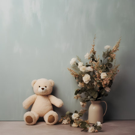 Vintage teddy bear and flower in vase on the tableの素材
