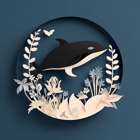 Paper cut style illustration of a killer whale and flowers in a round frameの素材
