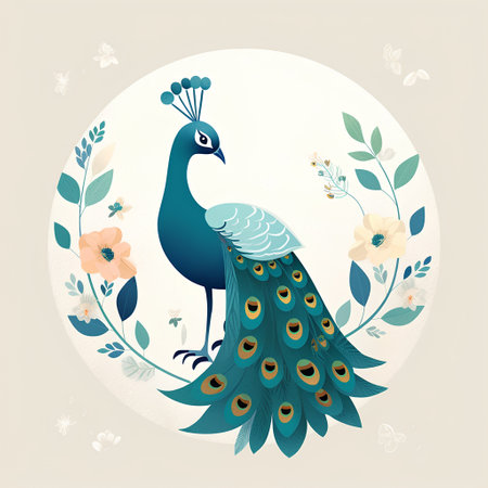 Peacock with flowers and leaves in circle. Vector illustration.の素材