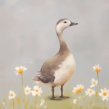 Watercolor illustration of a goose on a background of daisiesの素材