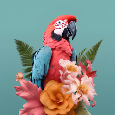 3D render of a macaw parrot with tropical flowers.の素材