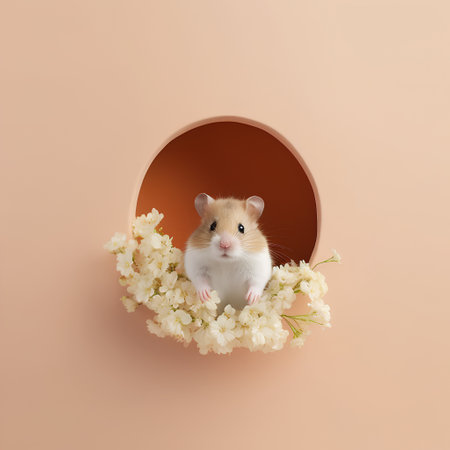 Cute hamster with flowers in a round frame on a beige background.の素材