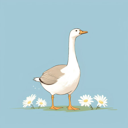 Vector illustration of a goose on a background of daisies.の素材