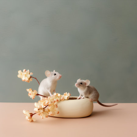 Two white rats sitting on a vase with flowers on a pastel backgroundの素材