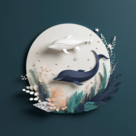 Paper art style of whale and narwhal in the ocean.の素材