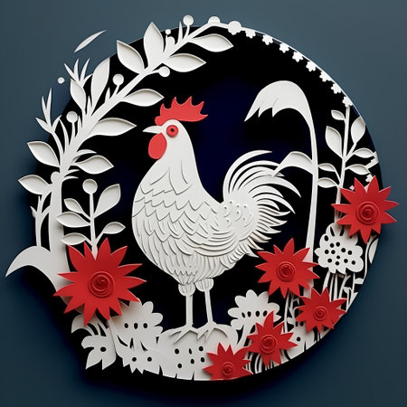 White rooster with red flowers on a dark blue background. 3d renderingの素材