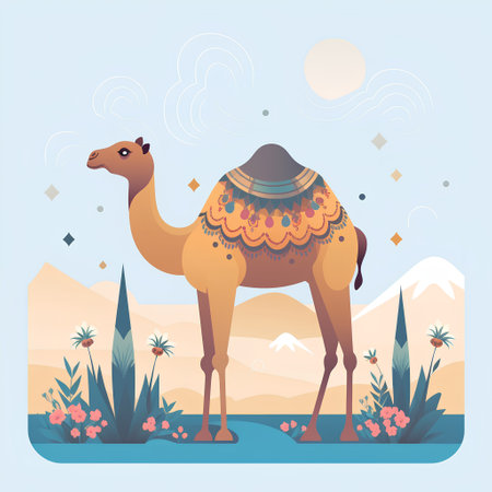 Cute camel in the desert. Vector illustration in flat style.の素材