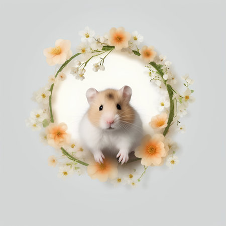 Cute hamster with floral wreath on a gray background.の素材