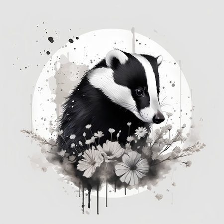 Vector illustration of a badger on a white background with flowers.の素材