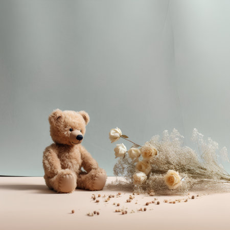 Teddy bear sitting on the floor with dry flower and copy spaceの素材