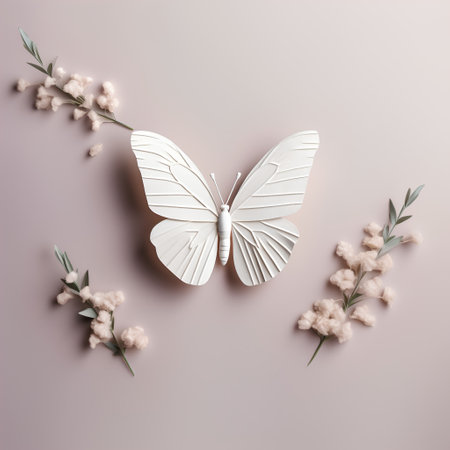 Creative layout made of white paper butterfly and flowers on pastel pink background. Flat lay, top view minimal concept.の素材