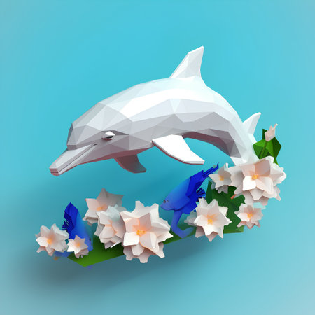Dolphin and flowers on a blue background. 3d vector illustration.の素材