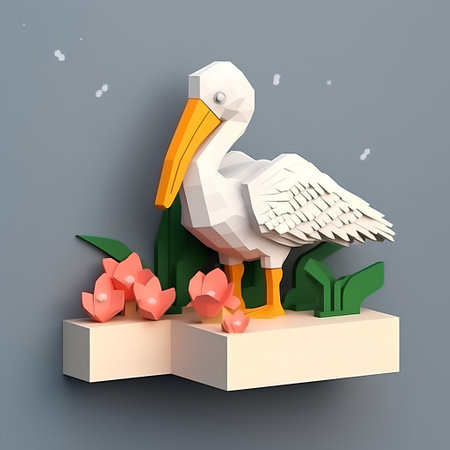 Pelican on the island with flowers. 3d illustration.の素材