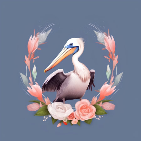 Pelican with flowers on a blue background. Vector illustration.の素材