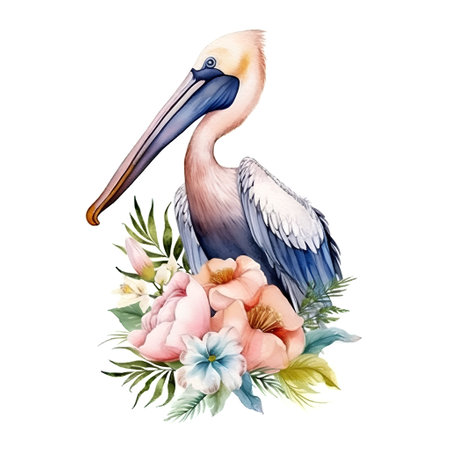 Beautiful vector image with nice watercolor hand drawn pelican and flowersの素材