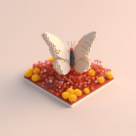 3d render of butterfly and butterfly in the garden isometric viewの素材