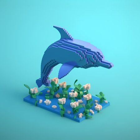 3d rendering of a dolphin on a blue background with a lot of cubesの素材