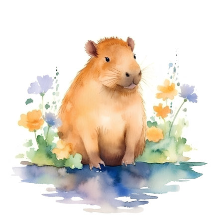 Watercolor illustration of a cute hamster sitting on the grass.の素材