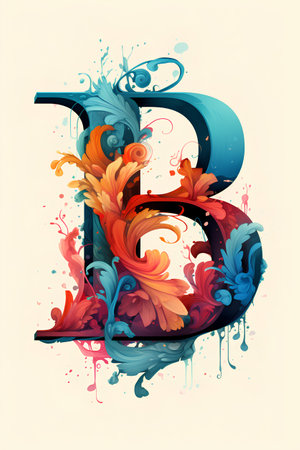 Letter B with abstract floral ornament and paint splashes, vector illustration.の素材