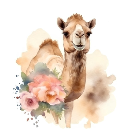 Camel with flowers. Watercolor illustration isolated on white background.の素材