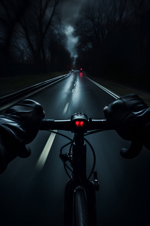 Cyclist riding a bicycle on the road at night with red lightの素材