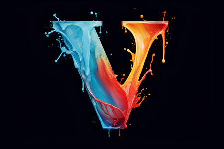 Colorful paint splash letter V, isolated on black background. 3d renderingの素材