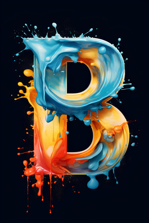 3d letter B uppercase. Splashes and drops of paint isolated on black background. 3d renderingの素材