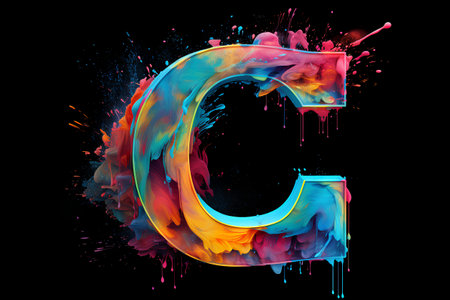 3D Letter C from multi-colored paint splashes isolated on black backgroundの素材