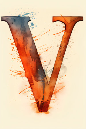 Alphabet letter V painted with watercolor paint splashes. Vector illustration.の素材