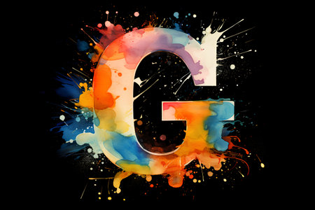Letter G filled with multi-colored paint splashes, isolated on black backgroundの素材