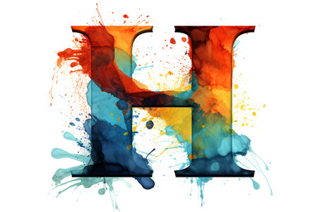 Letter H painted with watercolor paint splashes, isolated on white backgroundの素材