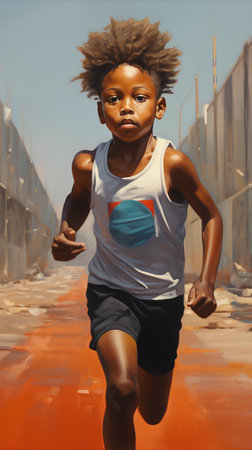African american little boy running in the street - 3d renderingの素材
