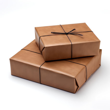 Pile of brown gift boxes isolated on white background. 3d illustrationの素材