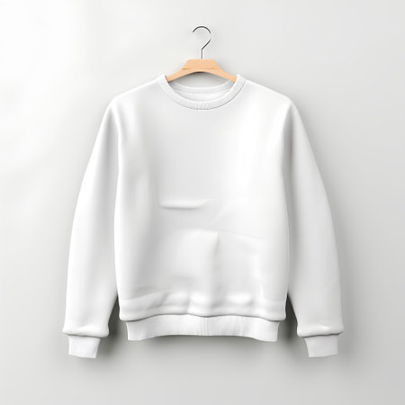 Blank white sweatshirt mockup on wooden hanger isolated on grey background. 3d renderingの素材
