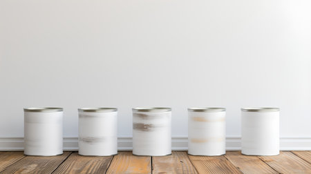 White paint cans on a wooden floor in front of a white wallの素材