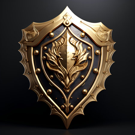 Golden shield on black background. 3d rendering. High resolution image.の素材