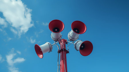 3d render of loudspeakers on a blue sky background with cloudsの素材