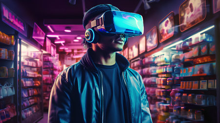 Young man wearing virtual reality goggles in the shopping mall. 3d rendering.の素材