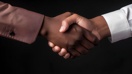 Close-up of two businessmen shaking hands on black background. Concept of partnership and cooperation.の素材