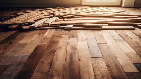 Wooden parquet floor in a room, vintage toned imageの素材