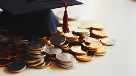 Graduation cap and stack of coins on white background, education conceptの素材