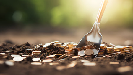 Investment concept, Gold coins in the soil with a shovel.の素材