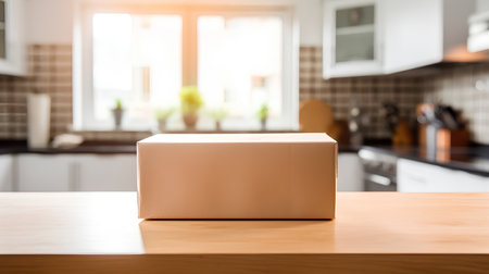Blank brown cardboard box on wooden table in modern kitchen, mock upの素材